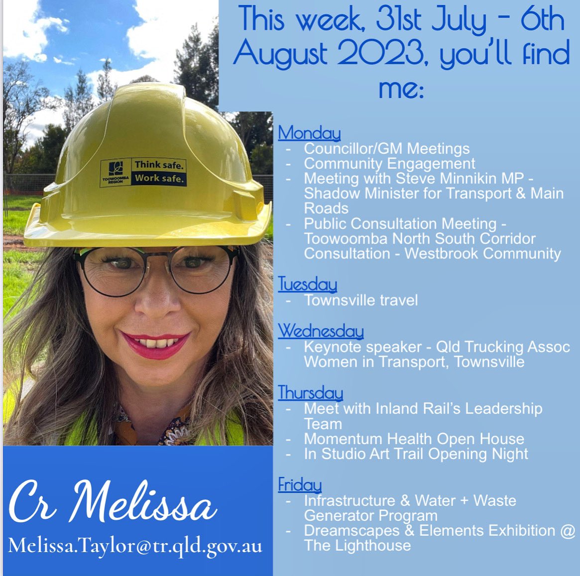 CrMelissaTaylor's tweet photo. #whereyoullfindme
👉🏻 https://t.co/nlhasPAuQS
#toowoombaregion #tlcfortrc #morethanjustapostcode #supportingourregion #supportingourfamilies #supportingourbusinesses #adventuresinourregion #councillorlife #richtraditionsboldambitions #whybeordinarywhenyoucanbeextraordinary https://t.co/BpIvNEXCXs