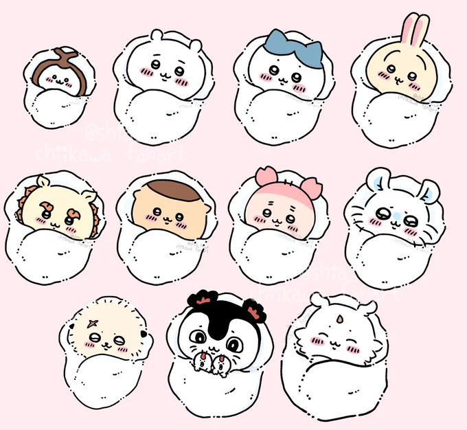 お包みシリーズは一旦ここまで〜🍼✨  鎧さん、でかつよ、オデとかもいつかは描きたいけど難易度高い😹  #ちいかわファンアート