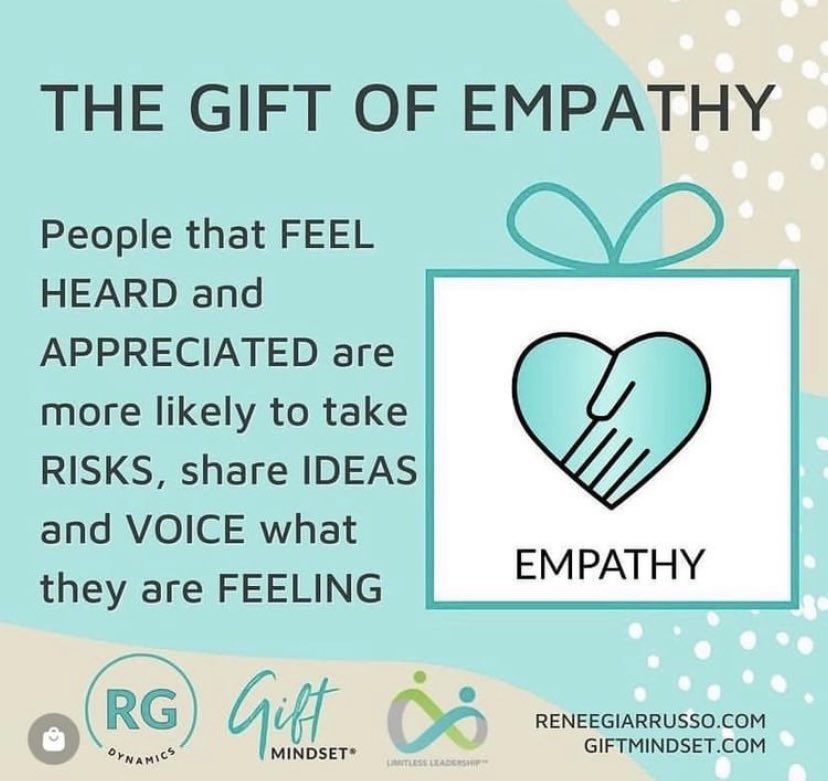 Renee_Giarrusso's tweet photo. Empathy is a superpower!
It’s free to give and is worth more than anything if you’re ready to deepen relationships, interactions and leadership #Giftmindset #Empathy #Limitlessleaders https://t.co/z5aWcLaYPu