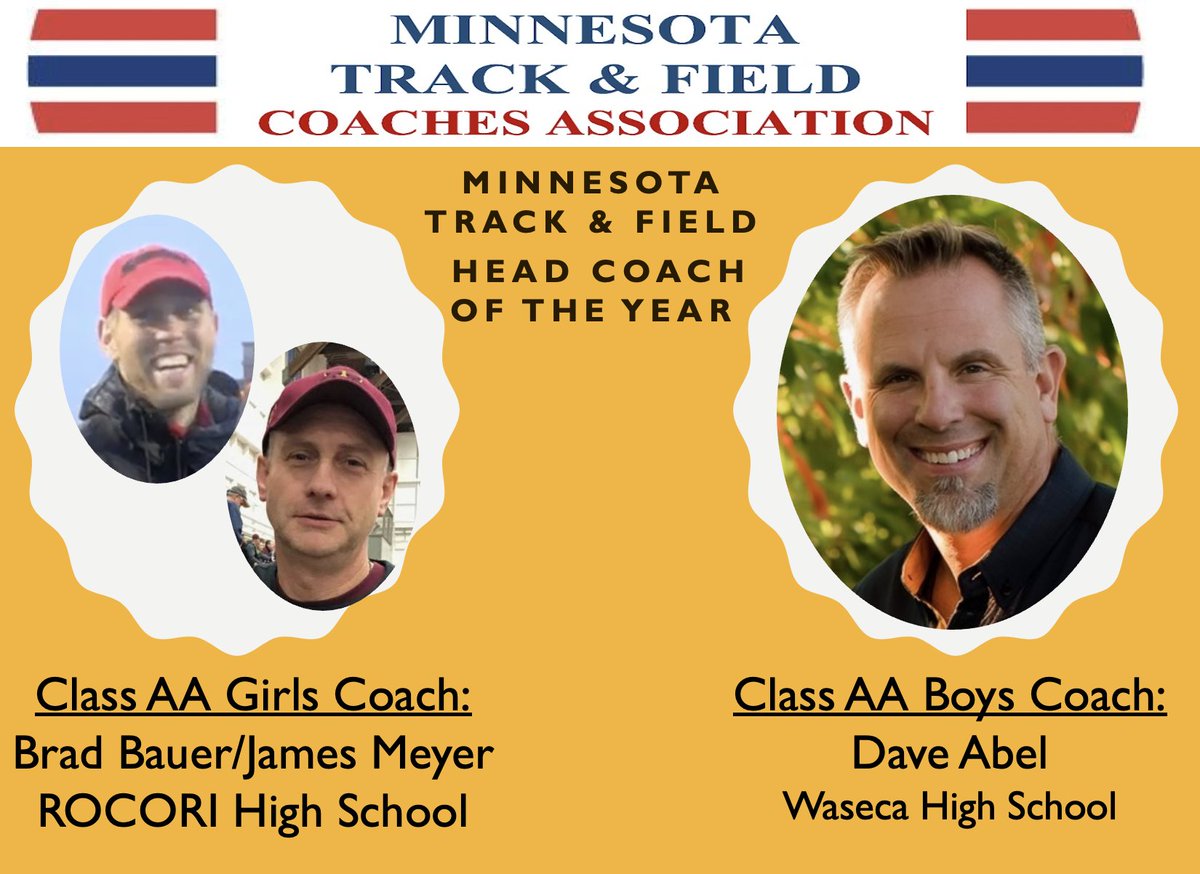 MN Track & Field (@mntfca) on Twitter photo Minnesota Track & Field Coaches Association 2023 State Class AA Head Coaches of the Year: James Meyer/Brad Bauer of ROCORI (girls) & Dave Abel of Waseca(boys), Congratulations coaches and teams. <a href="/mshsca/">MSHSCA</a> <a href="/WasecaBluejays/">Bluejay Activities</a> <a href="/WasecaTF/">Waseca Track & Field 🏅</a> <a href="/Rocori_track/">ROCORI Track and Field</a> <a href="/rocoridistrict/">ROCORI School District</a> Minnesota Track & Field Coaches Association 2023 State Class AA Head Coaches of the Year: James Meyer/Brad Bauer of ROCORI (girls) & Dave Abel of Waseca(boys), Congratulations coaches and teams. <a href="/mshsca/">MSHSCA</a> <a href="/WasecaBluejays/">Bluejay Activities</a> <a href="/WasecaTF/">Waseca Track & Field 🏅</a> <a href="/Rocori_track/">ROCORI Track and Field</a> <a href="/rocoridistrict/">ROCORI School District</a>