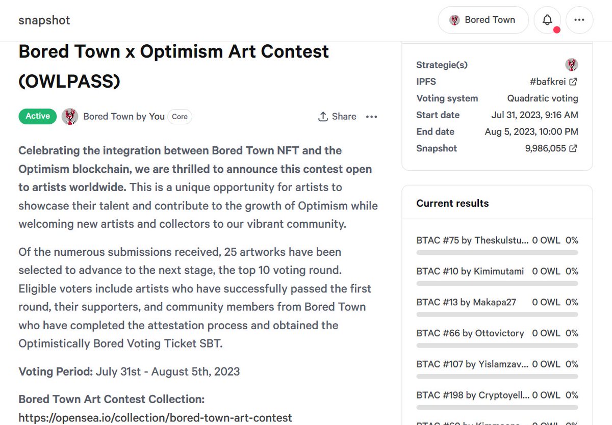 BoredTownNFT's tweet photo. 1/3

👹🔴The Bored Town x @optimismFND Art Contest top 10 voting round is now started for:

👹Bored Town Genesis holders
🎟️@Clique2046 SBT holders
🌻@FlowerGirlsNFT holders
👽@Zkalien holders
🎨Artists who claimed their OP rewards from the 200 winners' round 🎨

Links below 👇 https://t.co/TGinn2aJW9