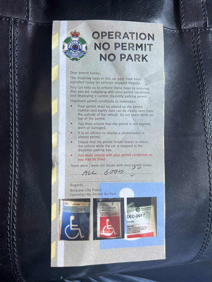 Shout out to <a href="/QldPolice/">Queensland Police</a> for keeping up the <a href="/NoPermitNoPark/">nopermitnopark</a> campaign. 
A follower tells me the flyers were left on every car in the accessible parking spaces I  the Myer Centre Brisbane to let us know they're still being patrolled ❤️

Great work