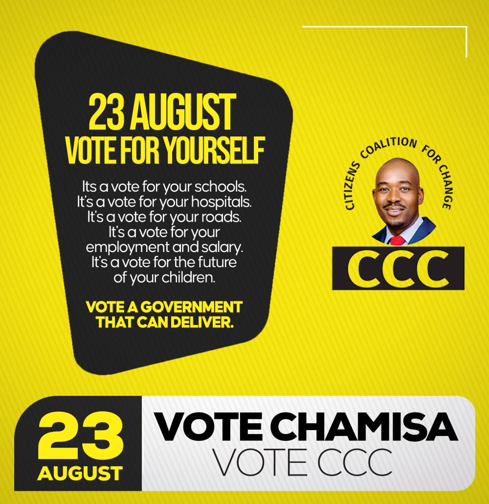 People of Zaka South and Zimbabwe,on 23 August 2023, we have a chance to change the history of our beloved nation. Let's go in our huge numbers and vote for change. Vote for servant leadership and leadership for everyone. #voteCCC
#leadershipforEVERYONE
#ZimbabwedeserveBETTER