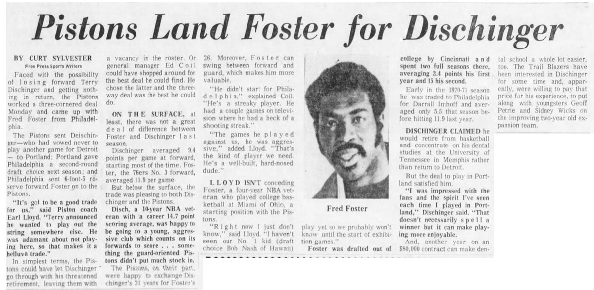 77Blazers's tweet photo. July 31 1972 - The @trailblazers acquired former @NBA ROY #TerryDischinger from @DetroitPistons after 1st acquiring #FredFoster from @sixers 

The #Blazers sent a 2nd RD draft pick to Phily for Foster, then traded him to get Dischinger.

#RipCity https://t.co/Qsdii6pxot