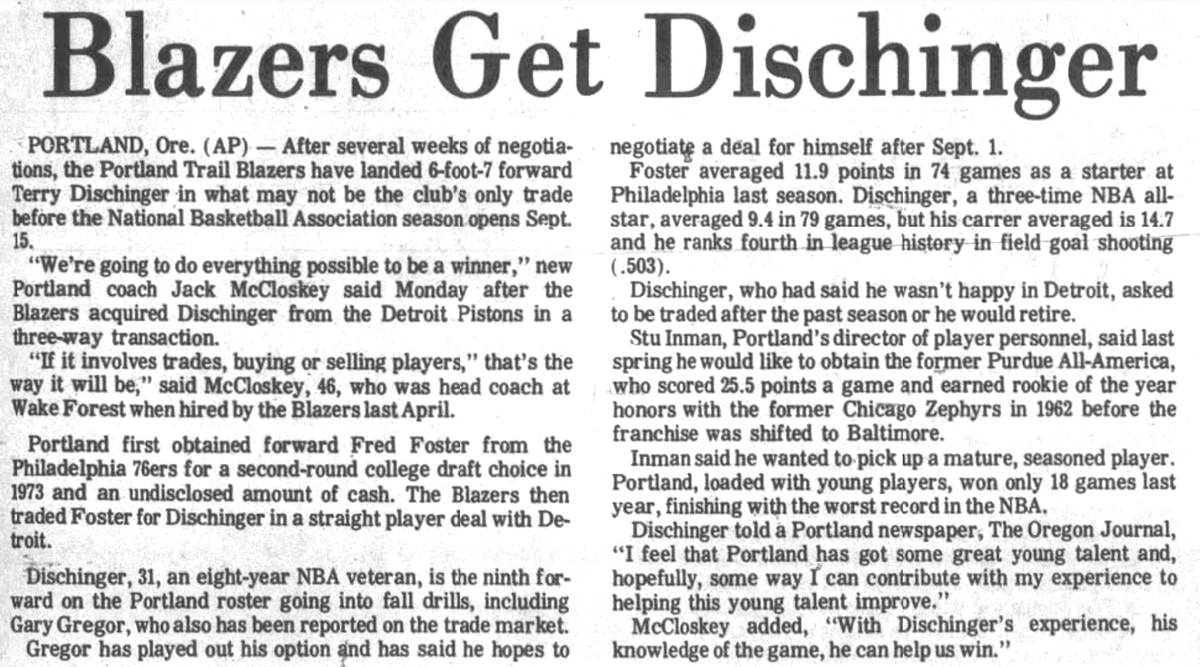 77Blazers's tweet photo. July 31 1972 - The @trailblazers acquired former @NBA ROY #TerryDischinger from @DetroitPistons after 1st acquiring #FredFoster from @sixers 

The #Blazers sent a 2nd RD draft pick to Phily for Foster, then traded him to get Dischinger.

#RipCity https://t.co/Qsdii6pxot