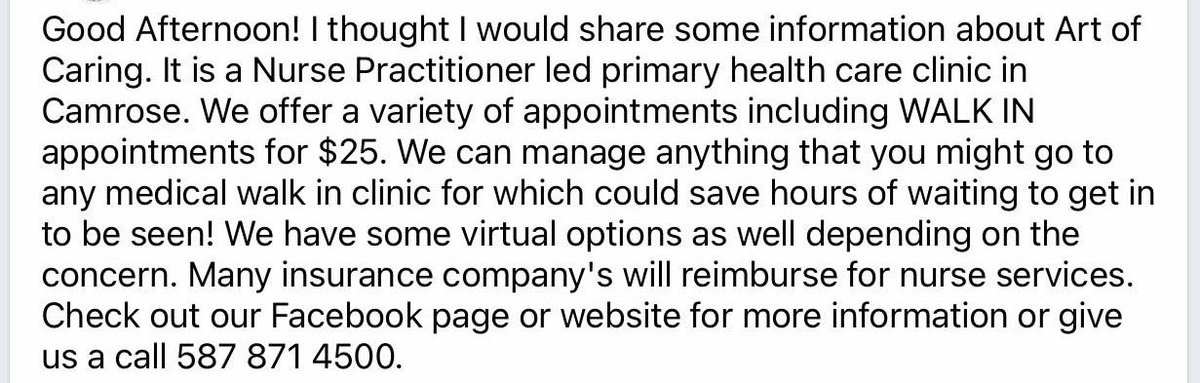 TheBreakdownAB's tweet photo. From the DM’s…

So now a Nurse Practitioner is opening up a clinic in Camrose, claiming to be able to handle anything that could be handled by a GP at a walk in clinic? 

AND they’re charging fees? 

#abpoli #ableg #cdnpoli https://t.co/MJpQTij23K