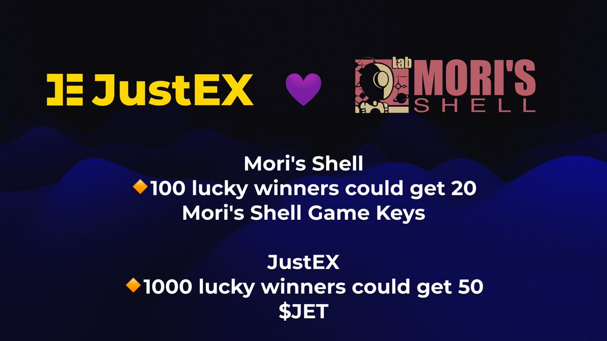 JustEX (@justexglobal) on Twitter photo <a href="/JustExGlobal/">JustEX</a> n <a href="/MorisShell/">Mori's Shell - A Web3 AI Training Lab 🎮</a> n <a href="/taskonxyz/">TaskOn | Ultimate Web3 Community Growth Platform</a> :
🔸1000 lucky winners could get 50 $JET tokens
🔸100 lucky winners could get 20 Mori's Shell Game Keys
🔸Each eligible participant will get 10 EXP
taskon.xyz/campaign/detai…
#JustEX #JET #Aptos #APT #SuiNetwork #DEX #DeFi #Ethereum #BTC <a href="/JustExGlobal/">JustEX</a> n <a href="/MorisShell/">Mori's Shell - A Web3 AI Training Lab 🎮</a> n <a href="/taskonxyz/">TaskOn | Ultimate Web3 Community Growth Platform</a> :
🔸1000 lucky winners could get 50 $JET tokens
🔸100 lucky winners could get 20 Mori's Shell Game Keys
🔸Each eligible participant will get 10 EXP
taskon.xyz/campaign/detai…
#JustEX #JET #Aptos #APT #SuiNetwork #DEX #DeFi #Ethereum #BTC