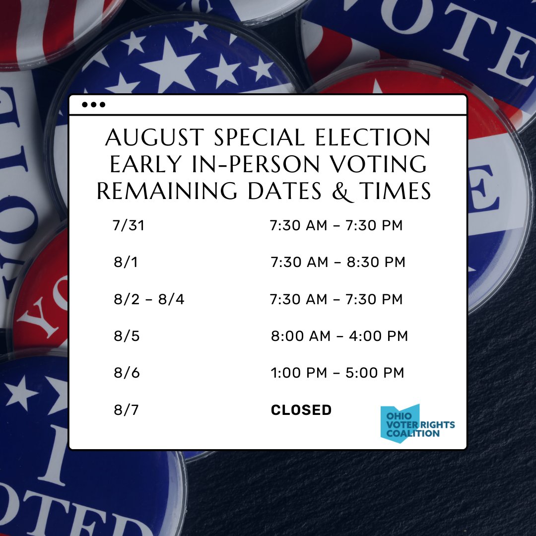 You have 7 more days to cast your vote early in the August special election! ‼️ Note that there is NO early voting on Monday, August 7. Make your plan to vote early in person at your early vote location now, bring a photo ID, & skip the lines! ohiosos.gov/elections/vote…