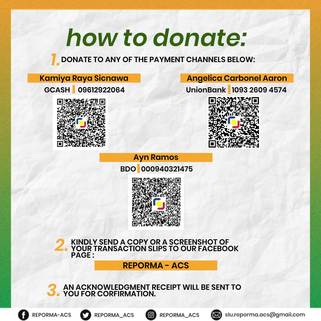 REPORMA_ACS's tweet photo. [PROJECT AGAPAY 2023]

Muli naming binubuksan ang #ProjectAgapay para sa mga nasalanta ng bagyong Egay. Maari kayong makapag-abot ng mga tulong sa pamamagitan ng mga sumusunod na channels: 

Iisang bayan. Iisang laban. Ito na ang simula ng makabayang kinabukasan!

#REPORMAACS https://t.co/7u999fglfi
