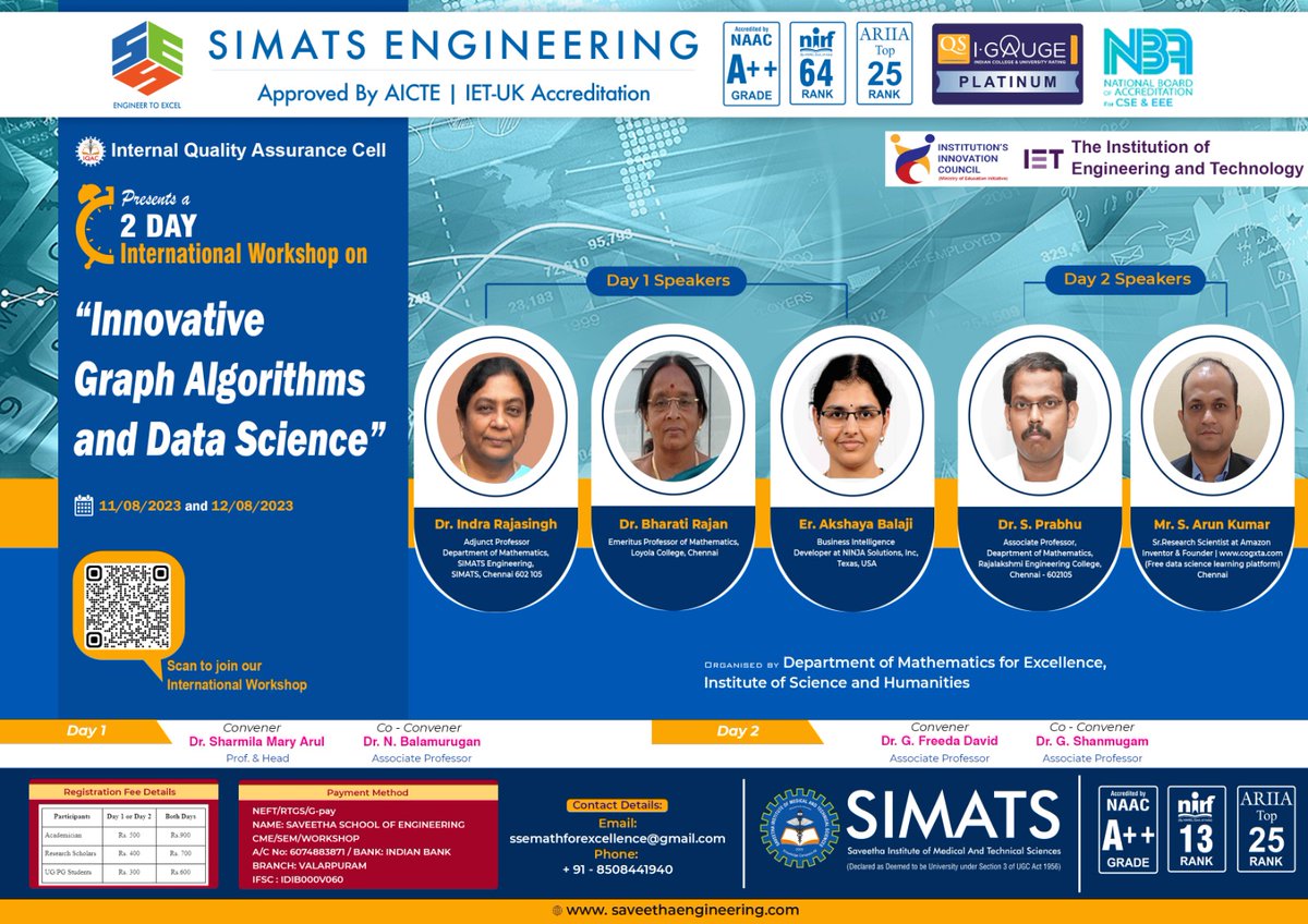 Department of Mathematics for Excellence, Simats Engineering Organizing Two Days International Workshop on 'Innovative Graph Algorithms and Data Science' from 11/08/2023 #mhrdinnovationcell #iic #saveethabreeze #VicechancellorSimats #Innovation #graphalgorithms #datascience