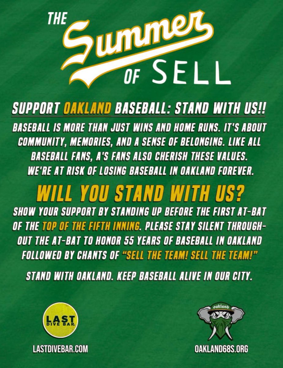 Dodger fans! The A's are coming to Dodger Stadium this week, let's support our neighbors up north.
Top of the 5th before the first AB we're doing a 'sell the team' chant to show our support for Oakland baseball. Hope to see you all there. #HereToPlay #OAKTogether