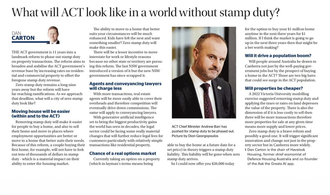 DanCarton's tweet photo. My Op-ed in the Canberra Times a few weeks back examining what the Canberra property market may look like when the 20 year program to gradually remove stamp duty is complete. 

#stampduty #housing #housingmarket #property #propertymarket #canberra #taxreform #communityhousing https://t.co/zaWmz8mOW1
