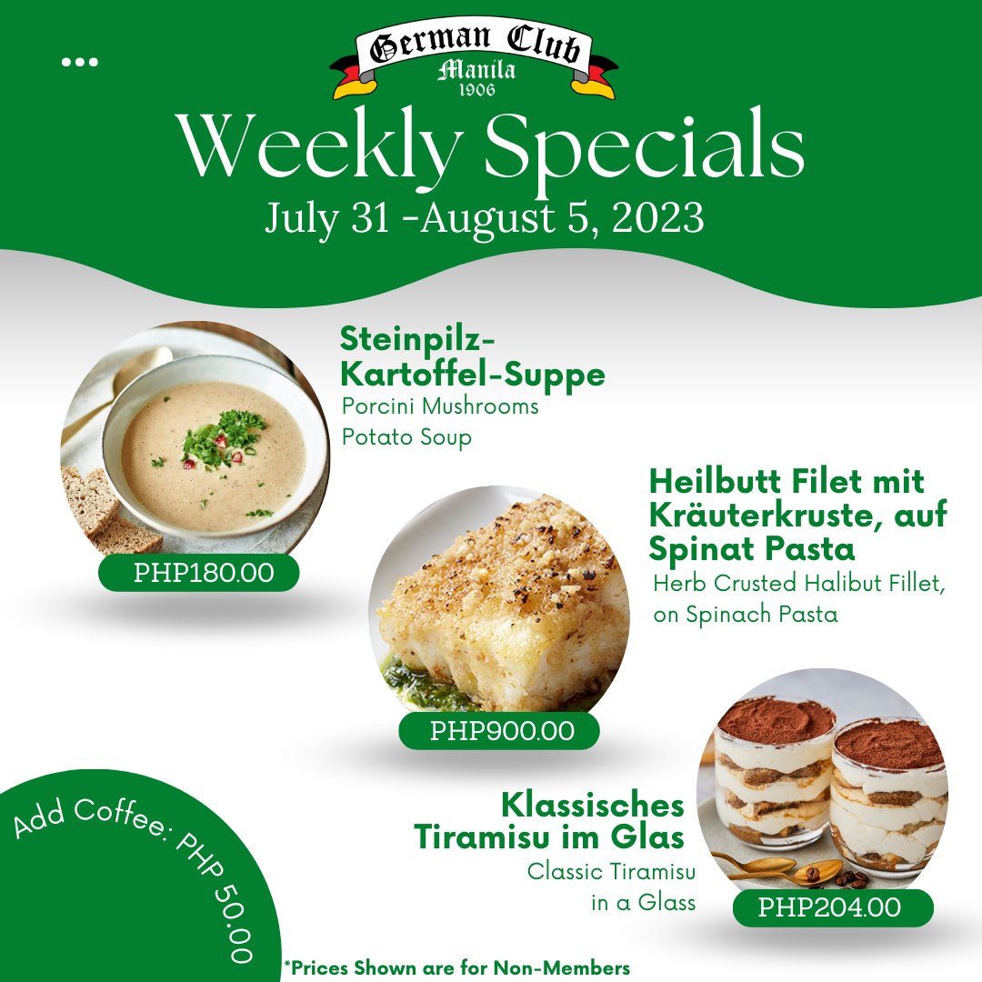 Experience our delectable weekly special 🍽️

📲Call +632 8817 3552 (landline) or +63 966 985 4336 (mobile)   

*Prices shown are for non-members, Delivery fee is not included in the price  

 #GermanClubManila #GermanFood #Takeout #Delivery #Dinein #WeeklySpecial