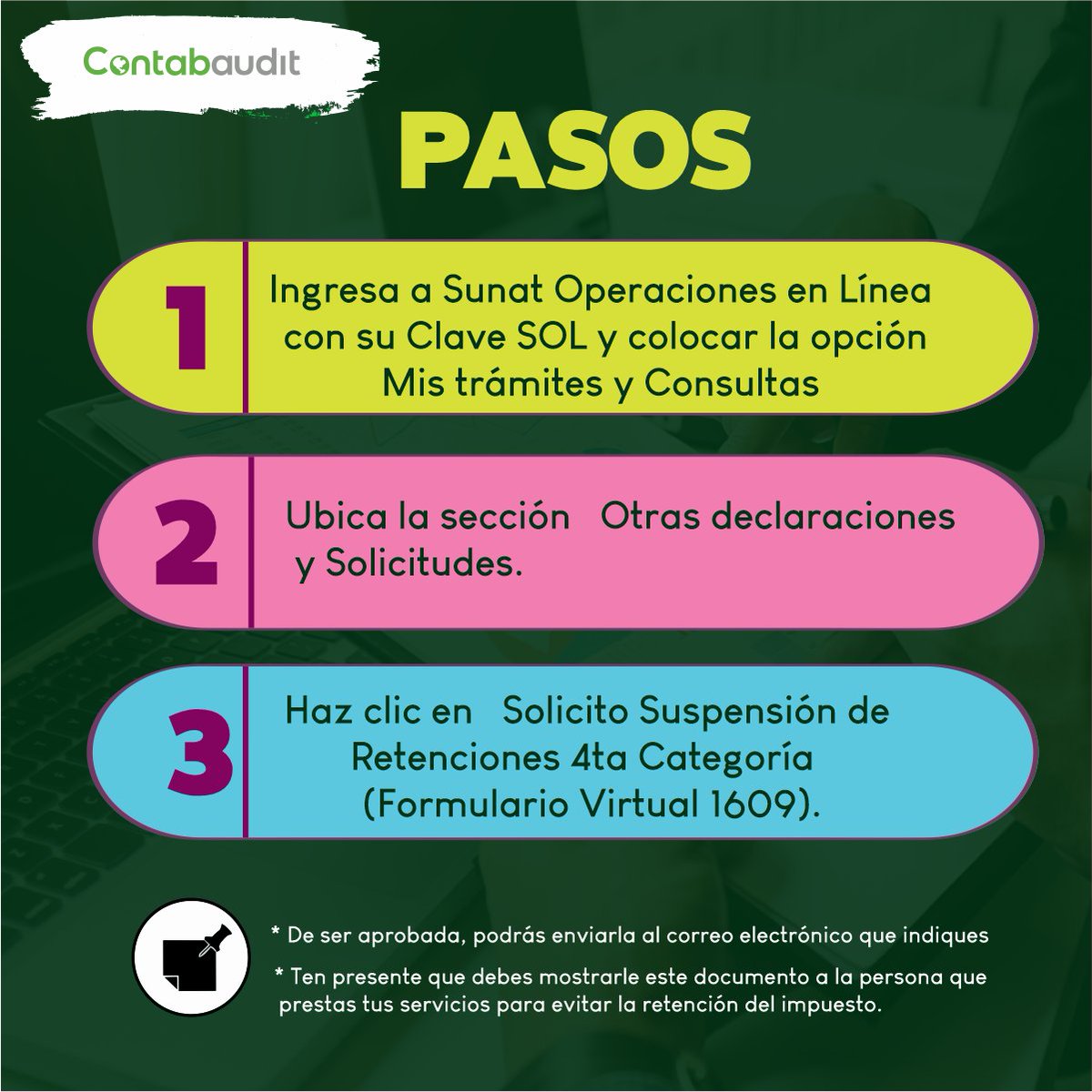ContabauditPeru's tweet photo. #contabaudit📷 La Superintendencia Nacional de Aduanas y de Administración Tributaria (Sunat) informó que este 2023 las personas que estén en cuarta y quinta categoría podrán solicitar la suspensiónde cuarta.
#Sunat #Renta4taCategoria #Independiente #Trabajo #Empresa https://t.co/BVdjpHF0RO