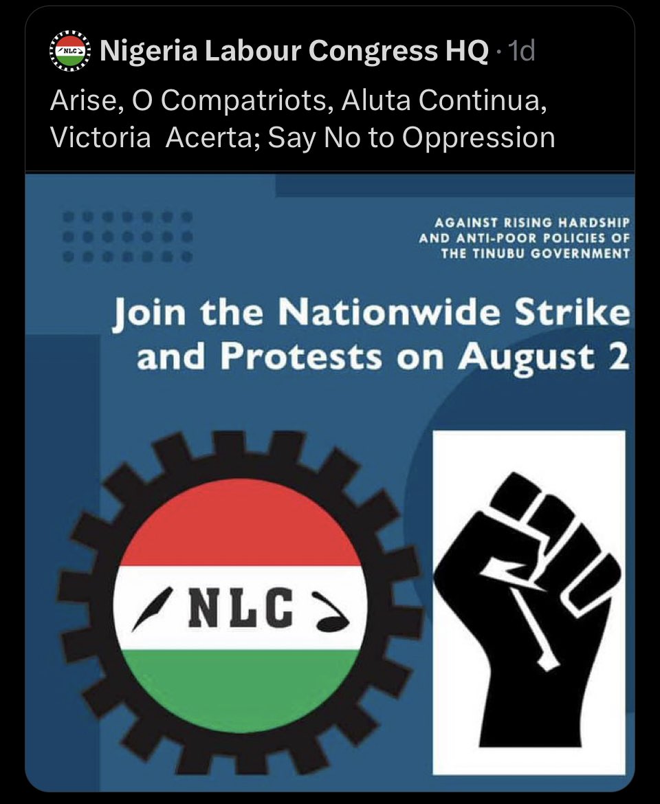 KemPatriot's tweet photo. Arise o Compatriots! How can a politicized @NLCHeadquarters decide to ground our Nation  ? 

Since the  NLC decided to be a horse in the Presidential race ,they no longer have the locus standii to speak for the people.

It is clear , now that their Candidate’s case at the PEPC is dead on arrival ,is why they have  decided to make the Country grind to a halt .
All candidates,including theirs agreed subsidy must go, if they have superior ideas on what do to ease the challenge ,then make it public ,not make the Country ungovernable.
Arise o compatriots ,the NLC wants to ground our Nation because they lost the elections!

We can’t afford to let politicians who lost the elections camouflage as Nation saviors.

#KemKem