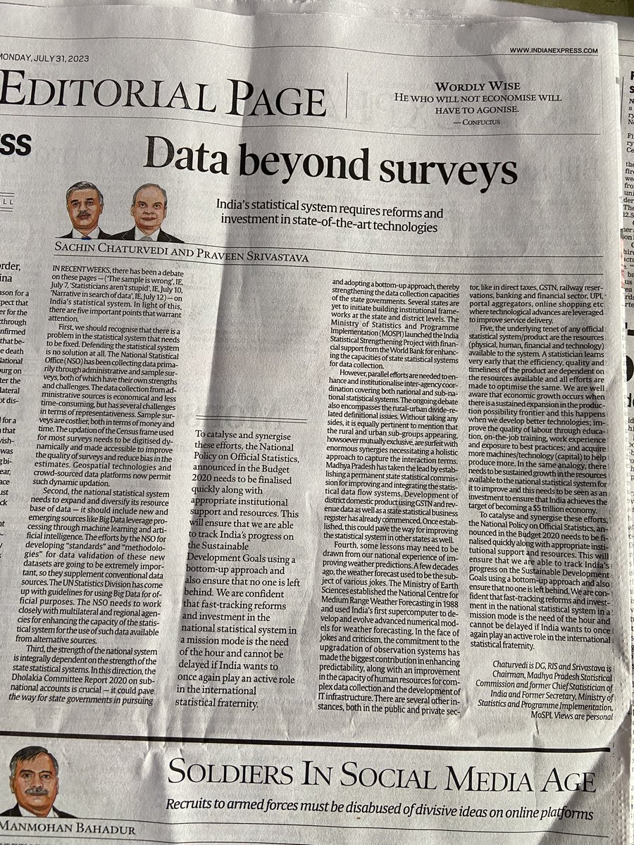 I write along with Prof Sachin Chaturvedi on the need for reforms in the Indian National Statistical System which needs to be infused with resources as an investment for the future and building resilient data systems. #Mospi, #Mpstatscom, <a href="/EACtoPM/">EAC-PM</a>, #PMOIndia