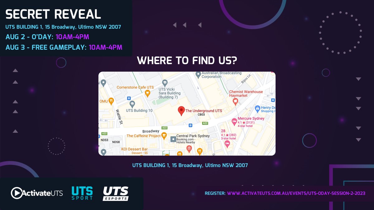 Join us at Building 1 near The Underground to witness the new home of UTS Esports.  

When: August 2nd and 3rd 
Time: 10am-4pm 
Where: UTS Building 1, 15 Broadway, Ultimo NSW 2007  

#UTSEsports #NewHomeReveal #TopSecret