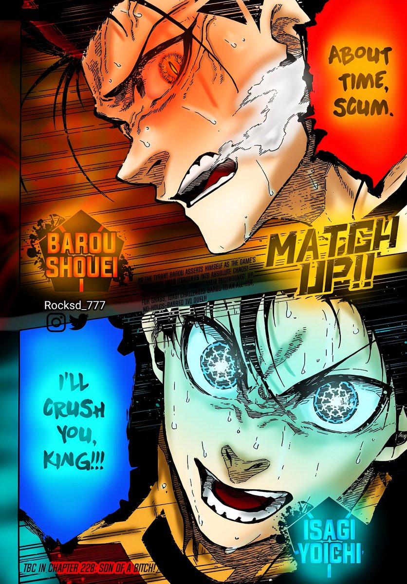 Rocksd_777's tweet photo. Rematch King barou vs Isagi
Color blue lock chapter 227
Don't forget follow me 👍
#bluelock #bluelockfanart #bluelock227 #mangacoloring #mangaedit #mangaart #MangaApp https://t.co/JEHT270uIC