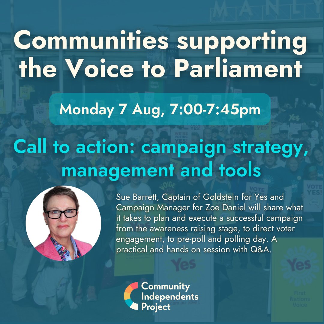 Community campaigners - don't miss this opportunity to hear Sue Barrett, one of the Community Independents best organisers, share her campaign experience, tools & tips in this practical hands-on session with Q&A. events.humanitix.com/communities-su… #VoiceToParliament #CommunityPolitics…