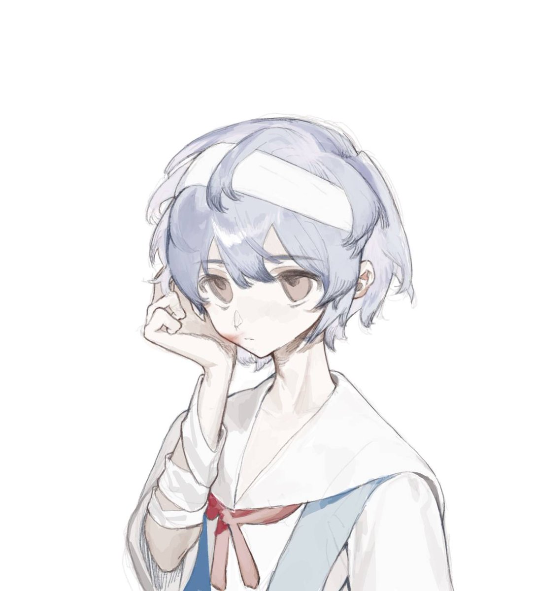 1girl solo short hair white background bandages simple background school uniform  illustration images