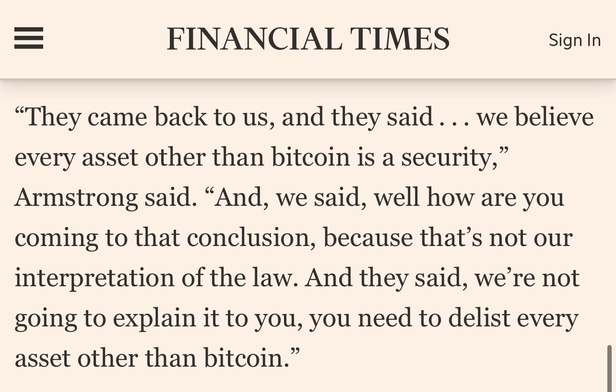 JUST IN - The SEC told Coinbase “you need to delist every asset other than bitcoin.” 

 “We believe every asset other than #bitcoin is a security.”