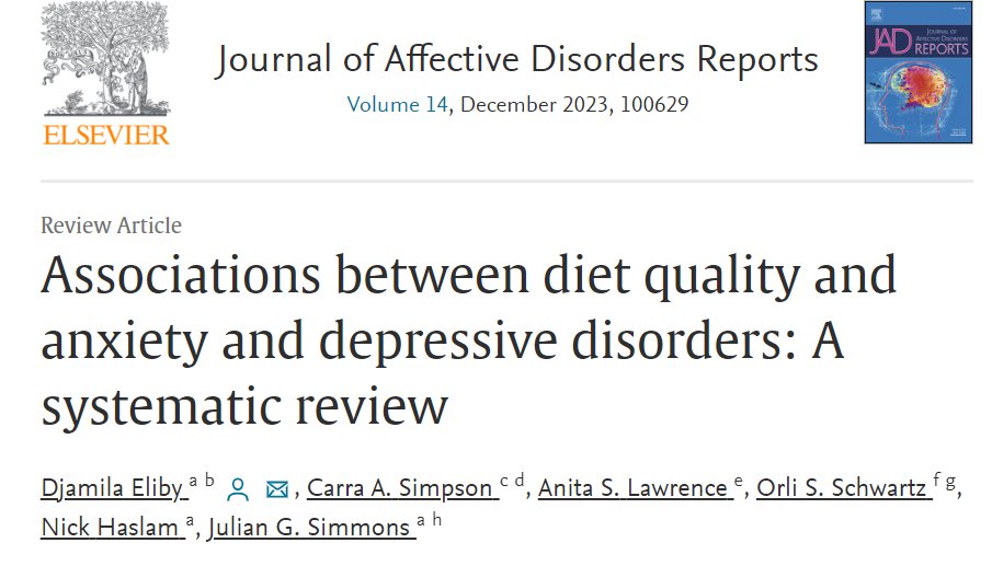 dj_eliby's tweet photo. Excited to share my paper 'Associations between diet quality and anxiety and depressive disorders: A systematic review' from my PhD!
https://t.co/DI0bgjnSQz

Co-authored by @carrasimpson, Anita Lawrence, Orli Schwartz, Nick Haslam and Julian Simmons https://t.co/6nyw2UHBwr