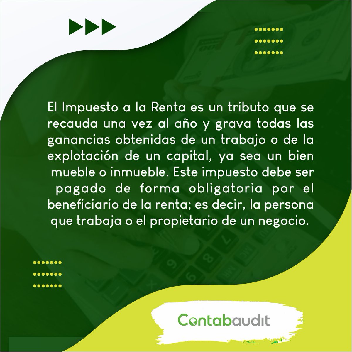 ContabauditPeru's tweet photo. #contabaudit💚 ¿Qué es el impuesto a la #renta?
Son #impuestos que se aplican directamente al titular de la renta o riquezas que los paga, de manera que se puede reconocer quién lo pagó y su monto. No te pierdas este post👇
#SUNAT #contabilidad #contabilidadyfinanzas https://t.co/tF6qe6USw0