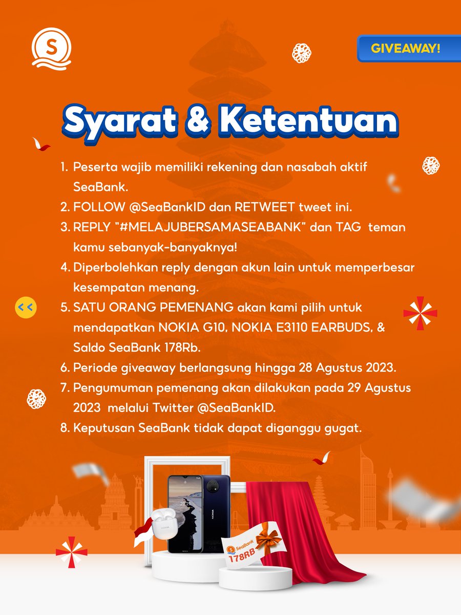 🇮🇩GIVEAWAY #MELAJUBERSAMASEABANK!!🇮🇩
FOLLOW &amp; MENANGKAN BUNDLE
NOKIA G10 + NOKIA E3110 Earbuds + SALDO SEABANK 178RB

Yuk cek S&amp;K berikut:
1. FOLLOW Twitter <a href="/SeaBankID/">SeaBank Indonesia</a>
2. RT &amp; REPLY "#MELAJUBERSAMASEABANK"
3. TAG TEMAN KAMU!

Kesempatan terbatas, yuk ikuti kuisnya sekarang!