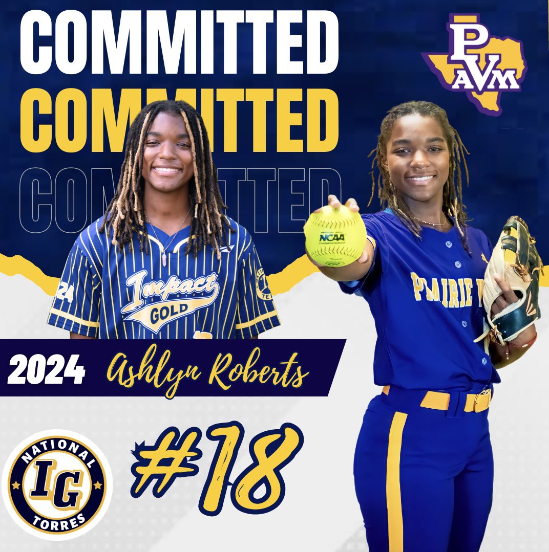 CONGRATS to Ashlyn Roberts on verbally committing to continue her education and softball career at Prairie View A&amp;M University! Your IGT fam is so proud of you! Looking forward to seeing you do BIG things! 💛💙 #trusttheprocess <a href="/ImpactGoldOrg/">Impact Gold Fastpitch</a> <a href="/jazzvesely/">Jazz Jackson-Vesely</a> <a href="/KcJackson00/">KC Jackson</a>