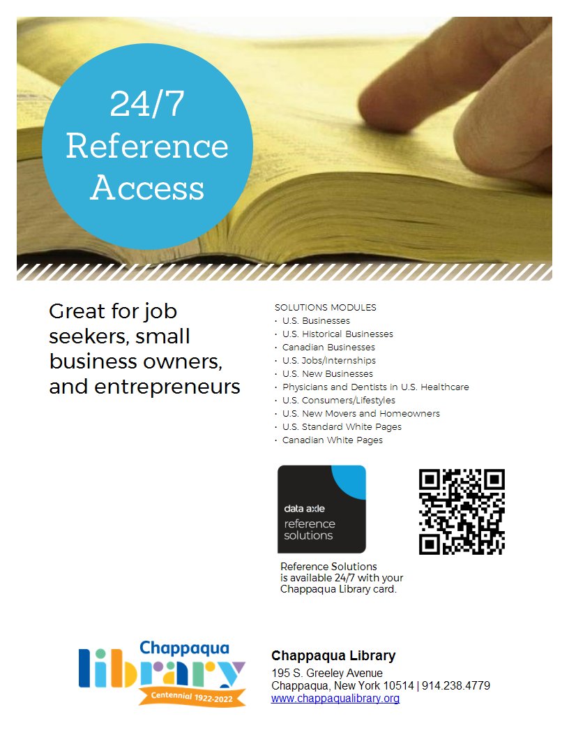 ChappLib's tweet photo. Click link then the phone book for the Chappaqua Library Research page. Then click the hyperlink "Data Axle Reference Solutions formerly known as Reference USA"
#Chappaqua #Millwood #TownOfNewCastle #LibraryAtHome @Data_Axle #Chappaqua #TownOfNewCastle https://t.co/WQxe6b4tj0 https://t.co/zRpXFzVIkd