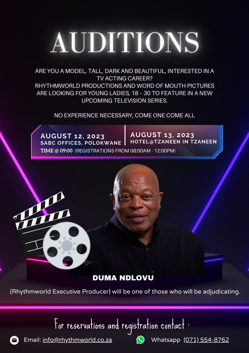TV Auditions: 
@RhythmWorldZA Productions and Word Of Mouth Pictures are opening up the industry and looking for new faces. Ladies in Limpopo there's a new tv show on the way. See the poster for details. #LookingForNewFaces 
#RhythmWorldProductions
#WordOFMouthPictures