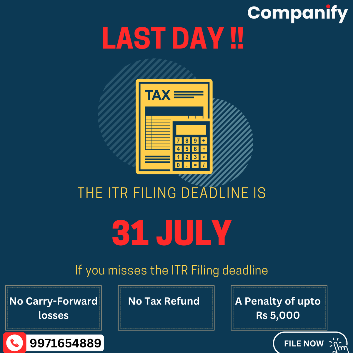 companify's tweet photo. Today is the final day to file your Income Tax Return (ITR). Please make sure to submit it by the deadline.

For More Details:-
Call us: +91 8595901373, 9971654889

Website: https://t.co/fKQfh4romW

#companify #itr #fileitr #incometaxindia 

 #MondayMotivation https://t.co/LmBzxnyQEJ