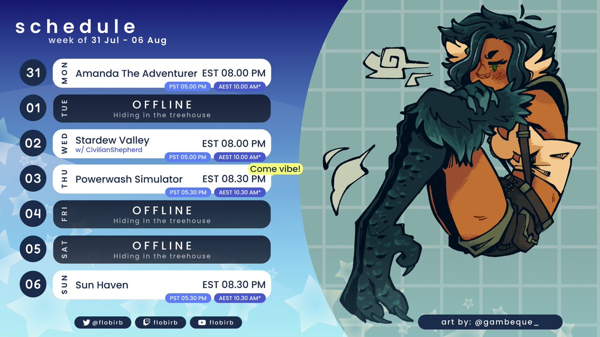 FloBirb's tweet photo. 📢Schedule Drop‼️

This is maybe my 5th schedule in a row? Don't know what the fuck happened to me to be this consistent but I'm not gonna start complaining now!

🎨 - #gambeque_

#Vtubers #VTuberUprising https://t.co/44lYN1qOzE