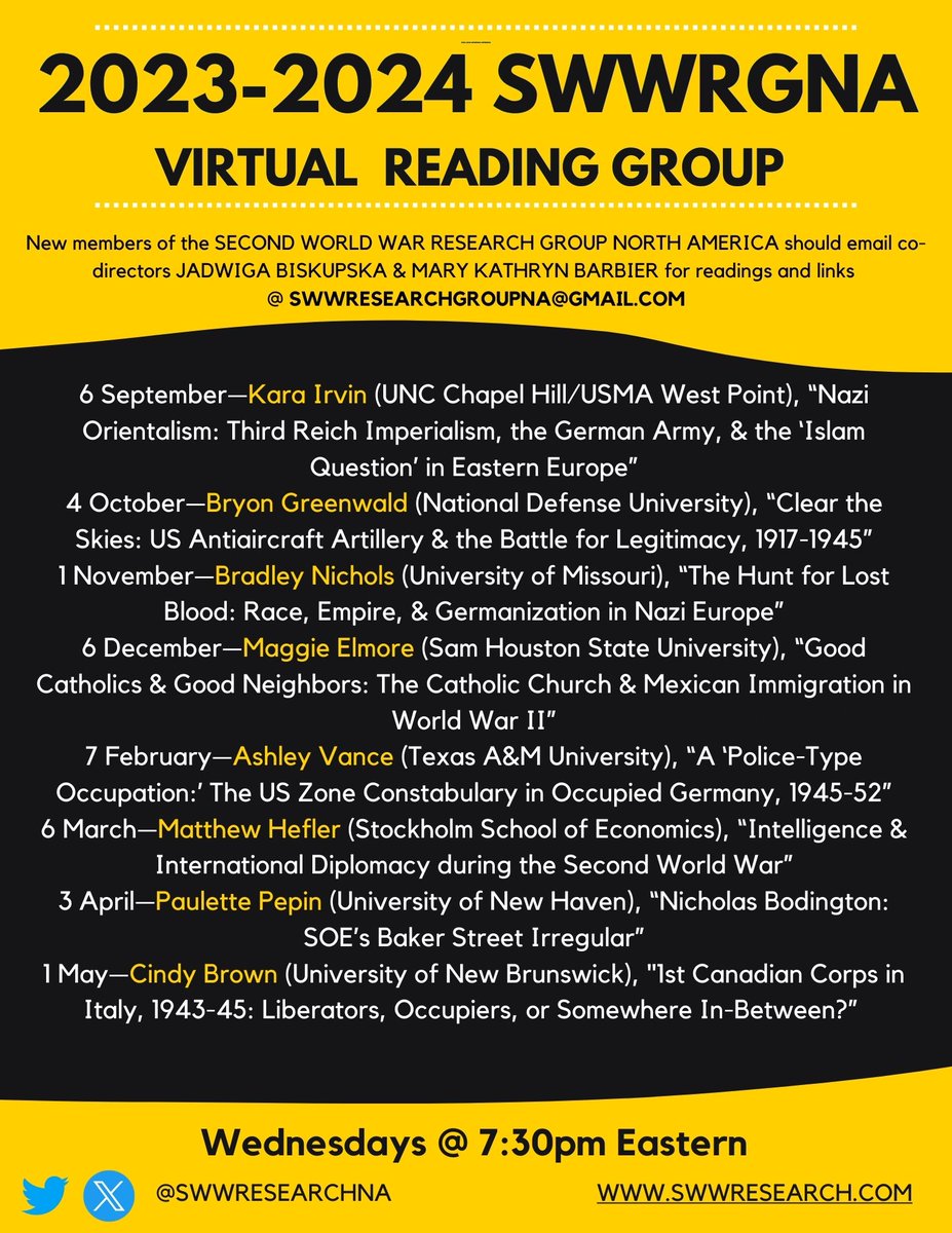 The Second World War Research Group North America (@swwresearchna) on Twitter photo Join us on Wednesday evenings @ 7:30pm Eastern for a series of discussions on research in progress on #wwii #ww2 #sww with Kara Irvin, Bryon Greenwald, <a href="/BradJNichols/">Bradley J. Nichols</a>, Maggie Elmore, @Run4History, <a href="/matthefler/">Dr Matthew Hefler</a>, <a href="/Paulette_Pepin/">Paulette Pepin</a>, Cindy Brown. Readings distributed 2 wks prior. Join us on Wednesday evenings @ 7:30pm Eastern for a series of discussions on research in progress on #wwii #ww2 #sww with Kara Irvin, Bryon Greenwald, <a href="/BradJNichols/">Bradley J. Nichols</a>, Maggie Elmore, @Run4History, <a href="/matthefler/">Dr Matthew Hefler</a>, <a href="/Paulette_Pepin/">Paulette Pepin</a>, Cindy Brown. Readings distributed 2 wks prior.