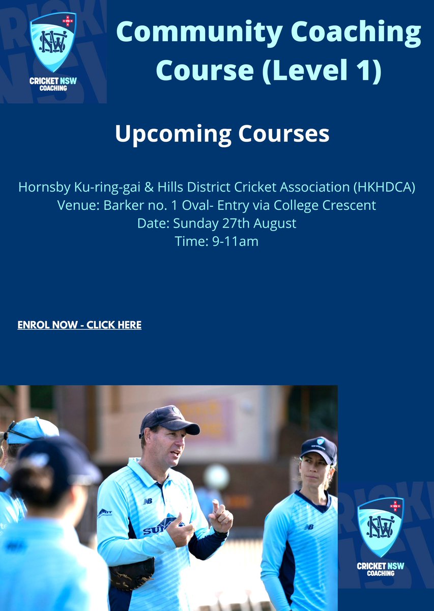 HKHDCCA's tweet photo. Register now for the FREE Community Junior Coaching Course at @BarkerCollege on Sunday, 27 August 2023 (9.00 - 11.00am).
See details on our Facebook page - https://t.co/N7aYsQNrNy
@CricketAus @CricketNSW @HKHDCA @NDCC1925 @imfemalecricket @cricketcomau https://t.co/XaryRTCg7b