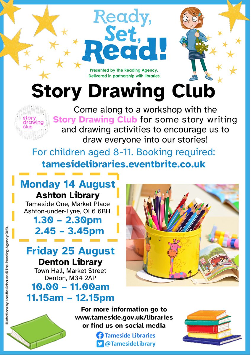 We're so excited to announce our final 3 amazing activities for this summer! 😀 🎪 Learn circus skills with @SSSurgery ✏️ Writing and drawing skills with @StoryDrawing 🎲 Have a try at amazing family games with @imagigaming Full details tameside.gov.uk/libraries/srca… #ReadySetRead