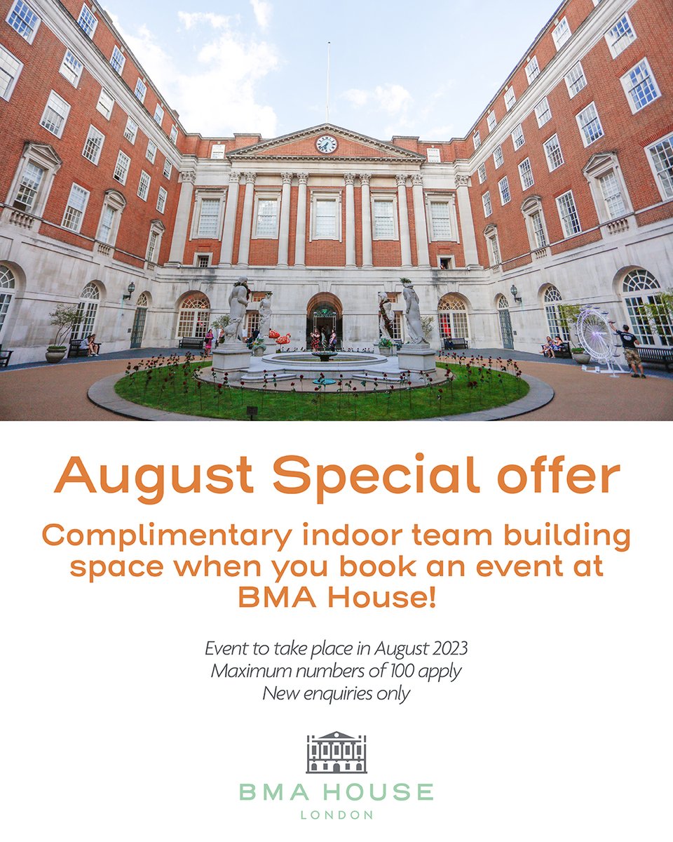 💚Did someone say "Free indoor space?" We sure did! 
We're offering a charming, complimentary #teambuilding space for your August event. Go beyond our beautiful red brickwork &amp; discover our 22 impressive indoor rooms - visit our spaces here: bmahouse.org.uk/our-spaces/
*Ts &amp; Cs apply
