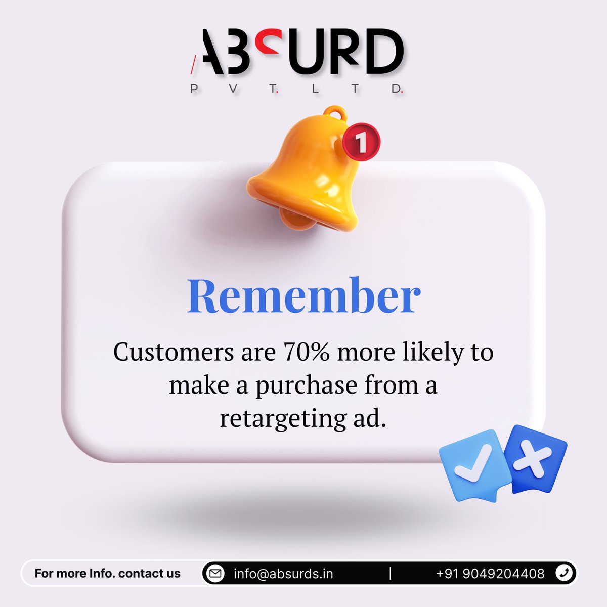 AbsurdsI8424's tweet photo. Unlocking the Power of Retargeting: Customers are 70% more likely to make a purchase when they encounter a well-crafted retargeting ad. 🎯💼

.

.

Follow for such content 👍

#MarketingMagic #BoostSales #RetargetingSuccess #absurd #retargetingads #socialmediaads https://t.co/43nA59UbOE
