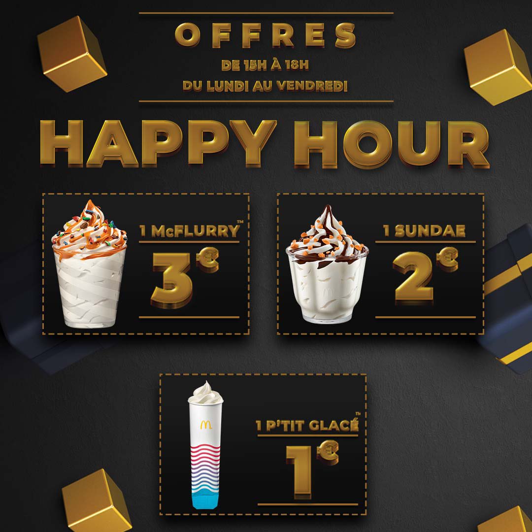 Un début de semaine compliqué ? Pas d’inquiétude nos happy hours vont remédier à cela !😎

Profitez de nos desserts glacés à prix réduit du Lundi au Vendredi en 15h et 18h 🍦

Attention ces offres sont uniquement disponibles dans votre restaurant Nimes 7 Collines 🥰