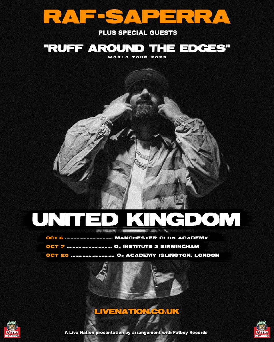 RafSaperra's tweet photo. 🇬🇧 Raf-Saperra UK Tour 🇬🇧

London, Birmingham &amp; Manchester

Tickets Release this Friday 10:00 GMT

Available via @LiveNationUK https://t.co/bThVvp3tzx