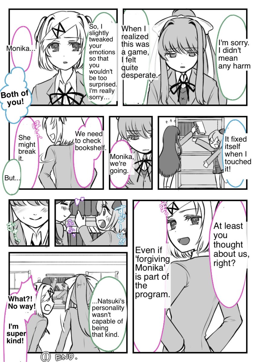 hataruwa_fanart's tweet photo. DDLC’s joke cartoon

"Teach the script to the club members because MC won't come" part3

END💙🩷💜💚

#DDLCfanart #DDLC #ドキドキ文芸部　#DokiDokiLiteratureClub 
#secondarycreation https://t.co/5ZLSd7yXla