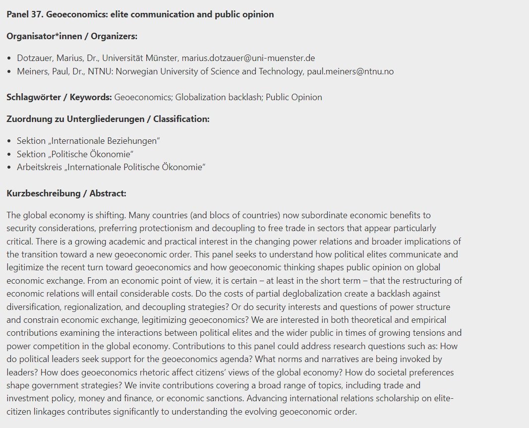 dvpw_ipoe's tweet photo. Panel 37: #Geoeconomics #EliteCommunication and #PublicOpinion - organized by @mariusdotzauer and @pa_meiners https://t.co/XcmkMa8TJI