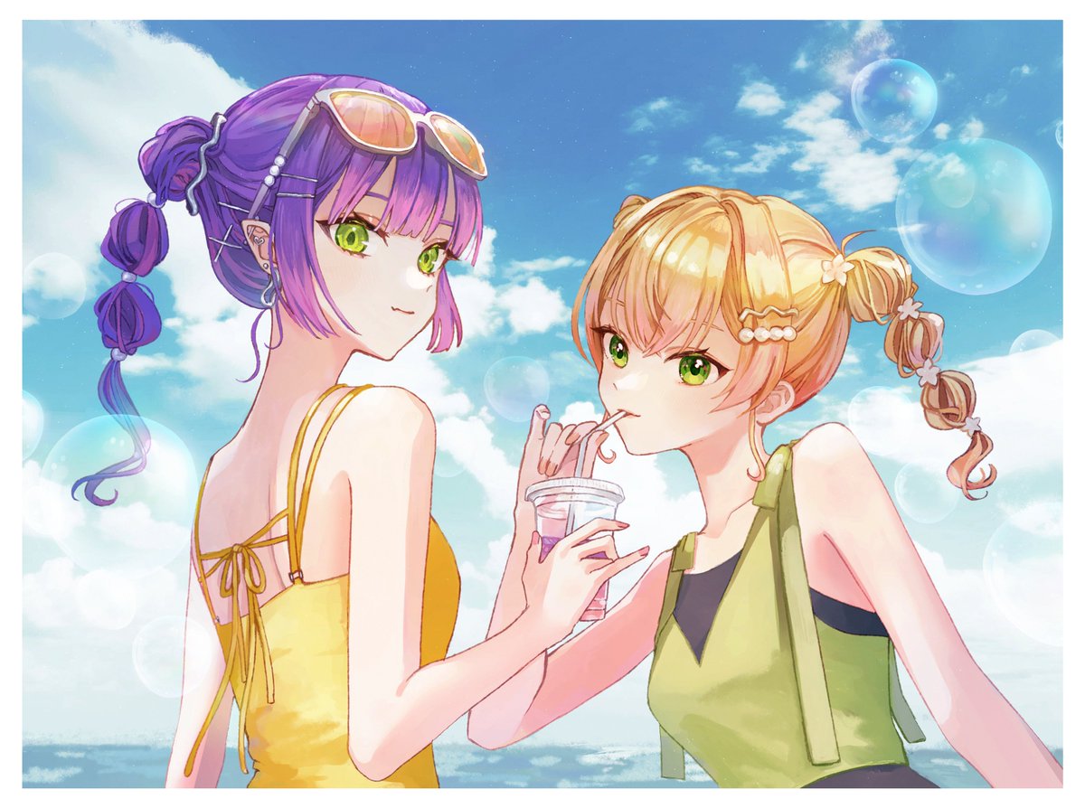 momosuzu nene ,tokoyami towa multiple girls 2girls green eyes sunglasses blonde hair purple hair hair bun  illustration images