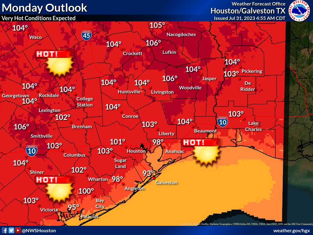 NWSHouston's tweet photo. Heat Advisories and Excessive Heat Warnings are in place across the region today with high temperatures reaching around 105 in some locations. If you are planning to spend any time outdoors today, heat safety precautions are very important! #houwx #txwx https://t.co/JByzQhtKmc
