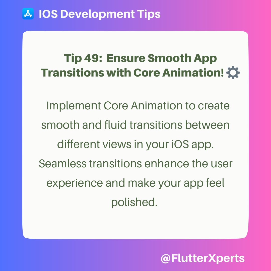 flutterxperts1's tweet image. #iOSDevelopment #CoreAnimation #AppTransitions #UserExperience #iOSDevelopers
#androidtesting #coding #googleflutter #flutter #flutterui #appdevelopment #flutterdeveloper #apptutorial #floatingbutton  #debugging #mobileapps  #androiddev  #reactnativedevelopers #startuptips