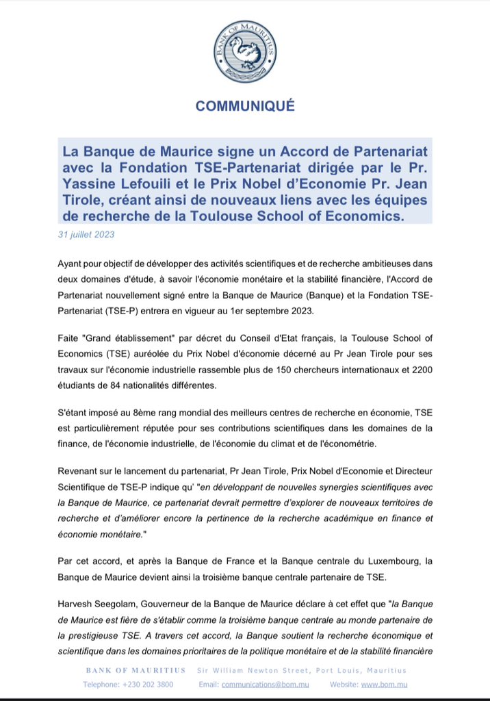 BoM_Mauritius's tweet photo. La Banque de Maurice signe un Accord de Partenariat avec la Fondation TSE-Partenariat dirigée par le Pr. Yassine Lefouili et le Prix Nobel d’Economie Pr. Jean Tirole, créant ainsi de nouveaux liens avec les équipes de recherche de la Toulouse School of Economics. https://t.co/WoT3IwAfXg