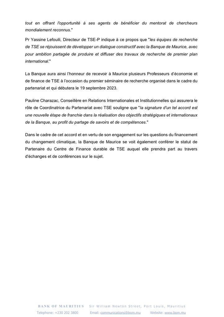 BoM_Mauritius's tweet photo. La Banque de Maurice signe un Accord de Partenariat avec la Fondation TSE-Partenariat dirigée par le Pr. Yassine Lefouili et le Prix Nobel d’Economie Pr. Jean Tirole, créant ainsi de nouveaux liens avec les équipes de recherche de la Toulouse School of Economics. https://t.co/WoT3IwAfXg