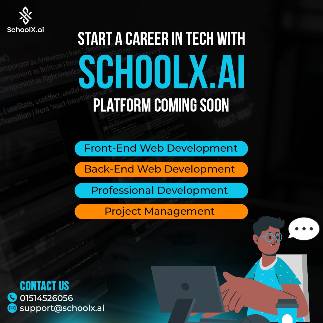 schoolXai's tweet image. At SchoolX.ai, It's time to level up your coding skills with the support of ai. Head online to start your learning journey today 📚.
#CodingWorld #AIinLearning #CareerGrowth #FutureofLearning #AIinEducation #ChatGPTGuide #LearnWithUs #OnlineLearning #TechEducation