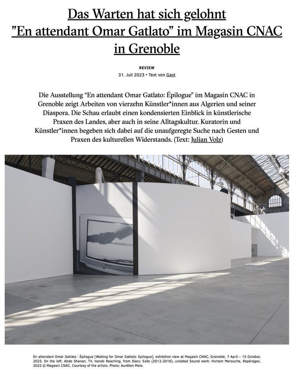 Merci GalleryTalk.net et Julian Voltz pour leur Review sur l'exposition "En attendant Omar Gatlato" 🙏
A lire ici : urlz.fr/mZrO