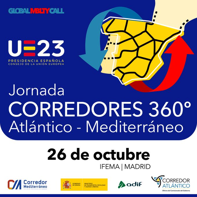 📅 Resérvate la fecha: el 26 de octubre. 
Celebramos Corredores 360º, en el marco del #GlobalMobilityCall y la #EU2023ES. Daremos una visión completa del Corredor Mediterráneo y del Atlántico y no sólo como infraestructura.